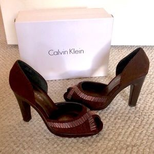 On Sale! Calvin Klein Dark Brown Jem Baby Calf Suede Heels. Worn once!